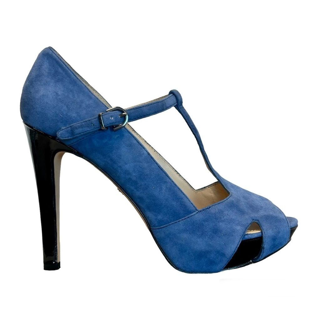 Kenneth Cole blue suede leather T-bar strap Au Cafe Platform high heels Sz 9